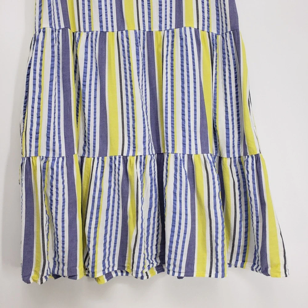 LOFT Striped Tiered Swing Dress Womens Large Yellow Blue Ruffle Sleeve V-Neck
